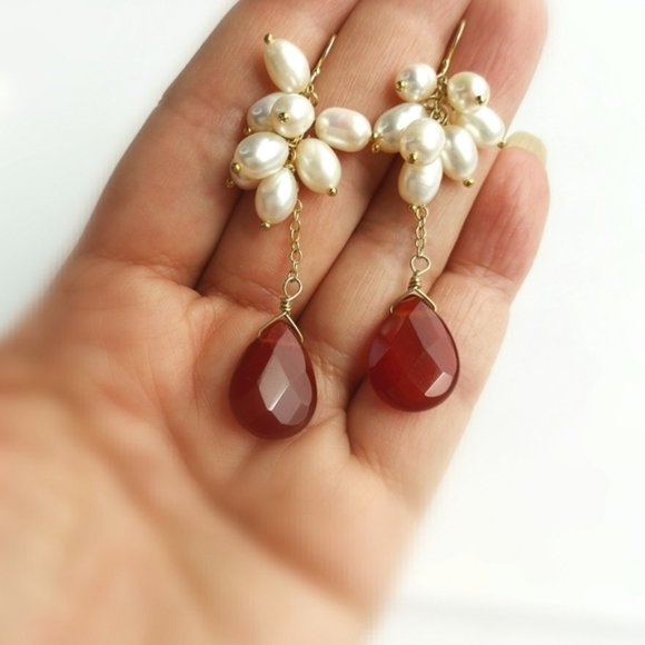 Host PICK New white freshwater pearl carnelian dangle earrings - Picture 3 of 5